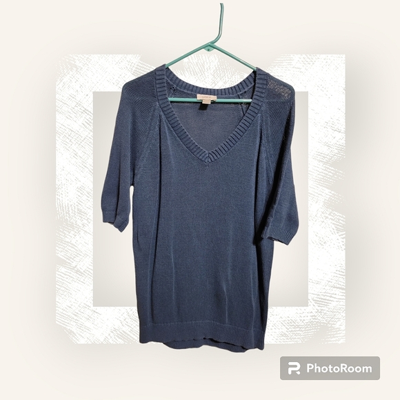 LOFT Blue Gray ½ Sleeve Vneck Knit Sweater size Large - Picture 1 of 5